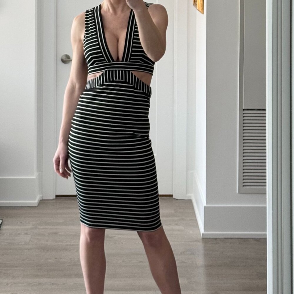Bec & Bridge Stripe Cocktail Midi – Deep V, Side Slits | Like New | US 4